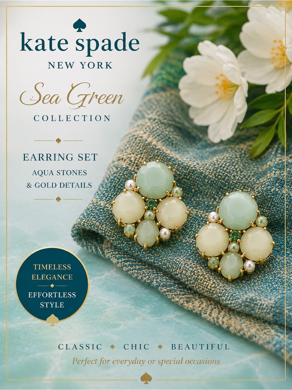 kate spade Sea Stone Cluster earrings with gold setting.